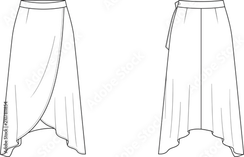 Bild auf Leinwand Technical flat sketch of women wrap midi skirt design with curved asymmetrical h