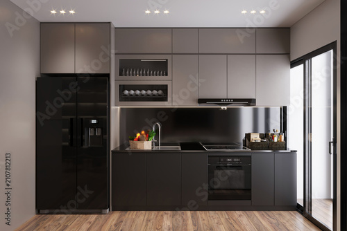 Fotografía Black and dark wooden kitchen built-in furniture background kitchen design