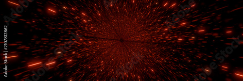 Canvastavla 3D Rendering of flying glow sparks andy speed lines with blank hole on black bac