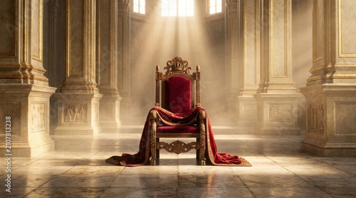Empty royal throne chair with velvet cloth inside a grand palace hall