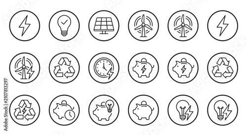 Eco friendly energy and sustainability icons featuring renewable resources and power conservation renewable lightning