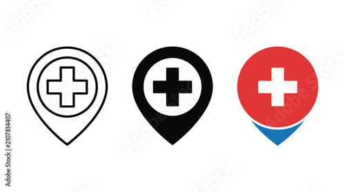 Medical location pin icons with hospital cross symbol in three different styles Vector