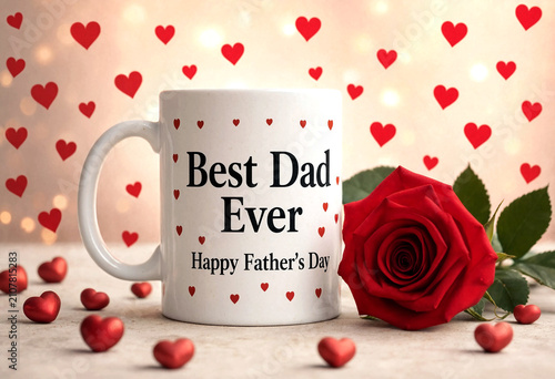 Happy fathers day mug with best dad ever text and red rose for celebration gift idea