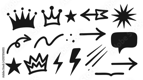 Collection of hand drawn doodle art elements. Set of creative sketches on white background.
