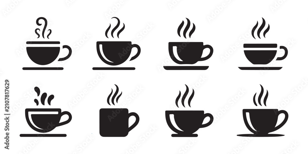 Fototapeta premium Variety of coffee cup solid black silhouette icons featuring steam effects on transparent background.