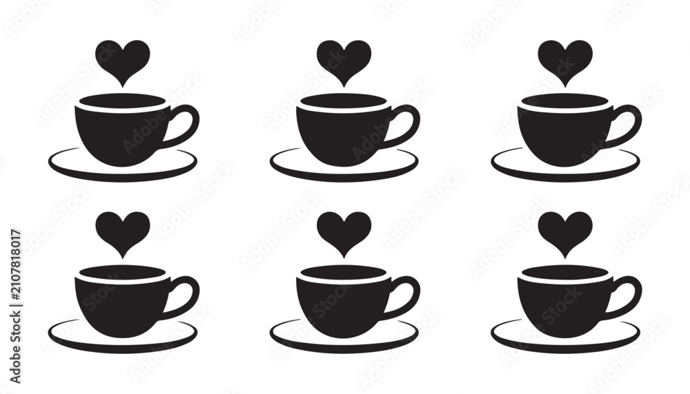 Fototapeta premium Set of coffee cup icons with heart shape steam isolated on dark background for cafe design project.