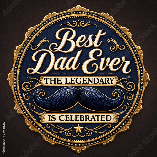 Vintage best dad ever award with ornate mustache illustration and decorative frame design