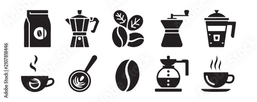 Canvastavla Coffee preparation equipment icons including grinder bag beans and brewing pots on transparency