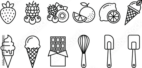 Foto Ice cream and sweet dessert baking line icon set with fruit, chocolate, whisk, a