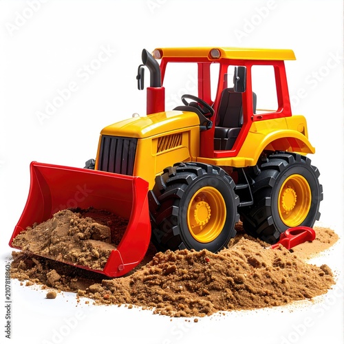 Bright yellow and red toy tractor with a shovel full of sand