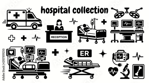 hospital facilities featuring emergency rooms operating theaters patient wards intensive care units reception desks ambulances medical equipment set for medicine healthcare and clinical projects