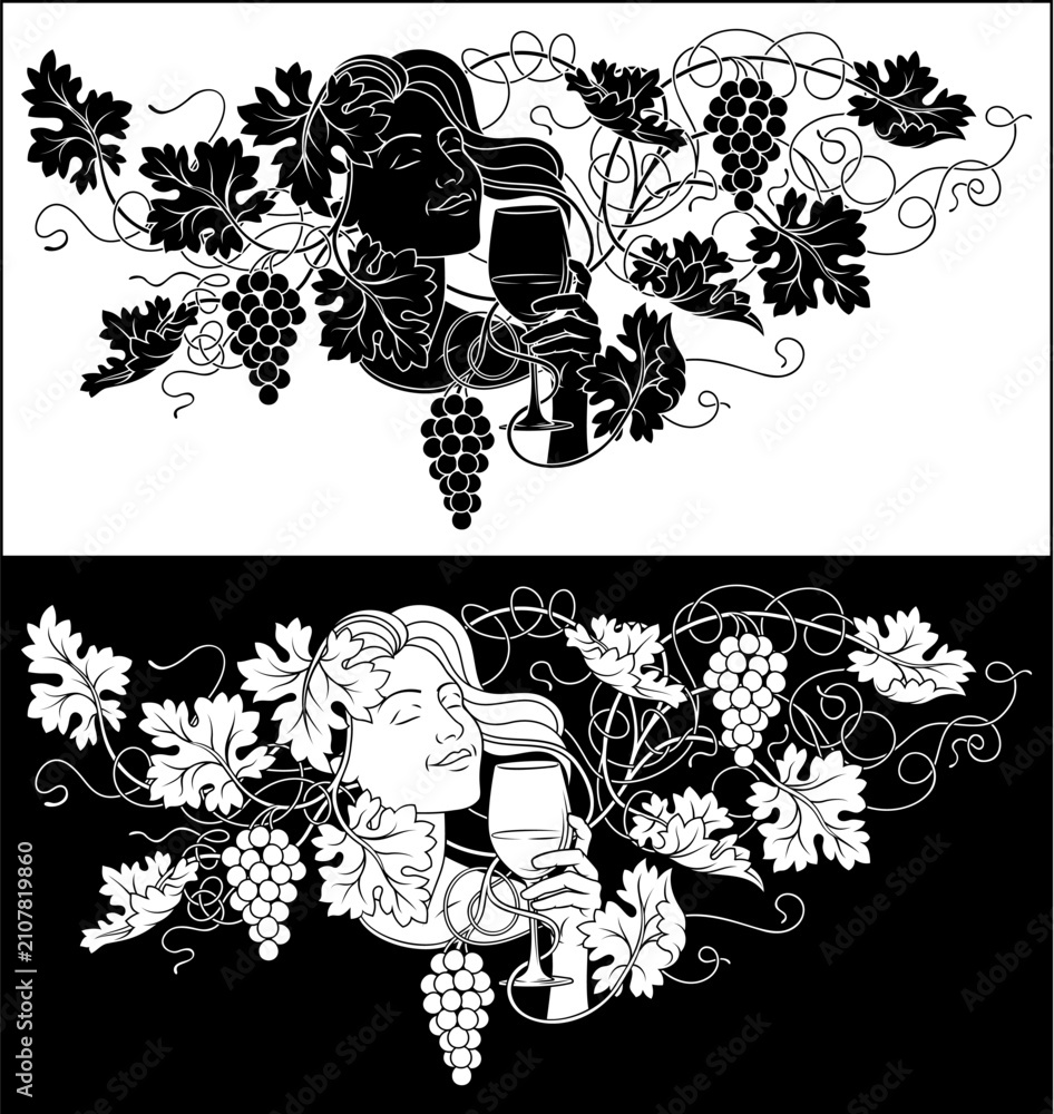 Obraz premium Woman Drinking Wine Grape Vine Leaves Illustration