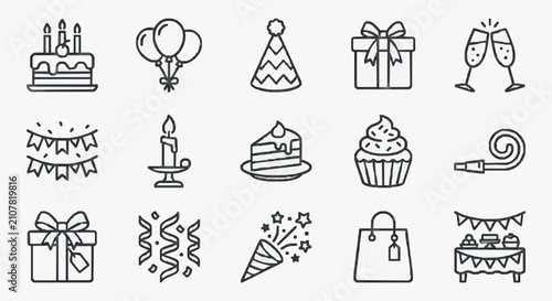Foto Clean Black and White Line Art Set of Celebration Party Icons Balloons Cake Gift