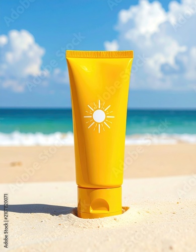 Yellow sunblock tube with sun symbol on beach against ocean and sky