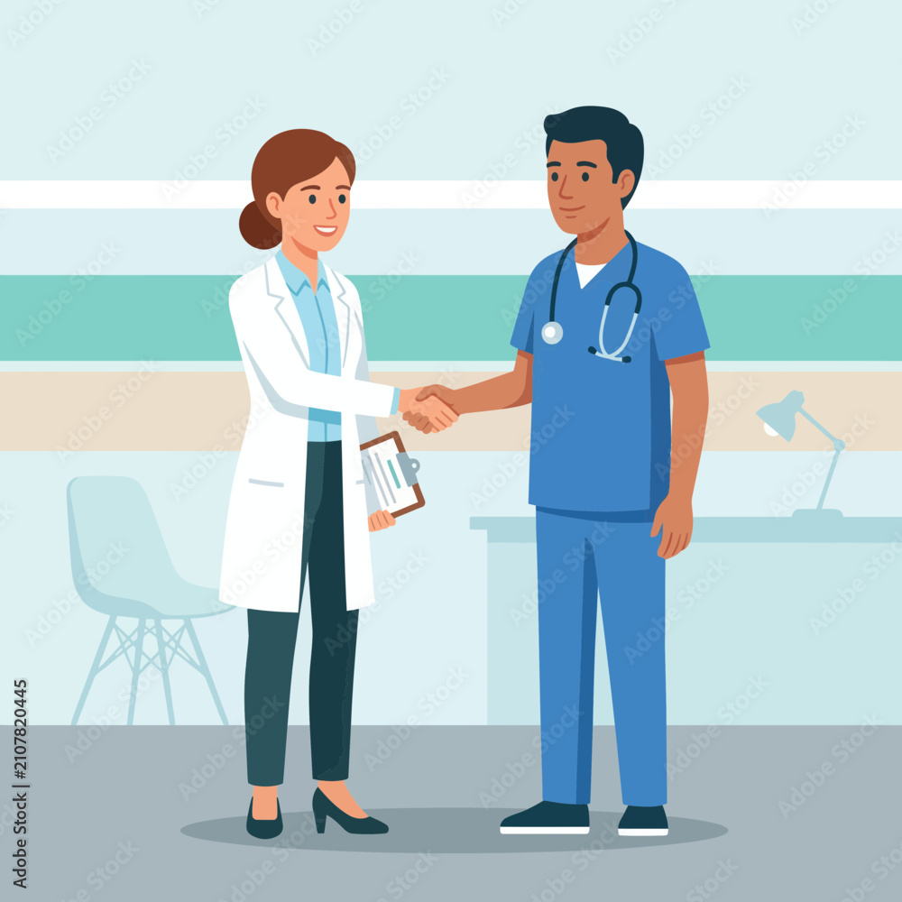Obraz premium Diverse Doctors Shaking Hands in Modern Clinic Office, Symbolizing Collaboration and Healthcare Partnership