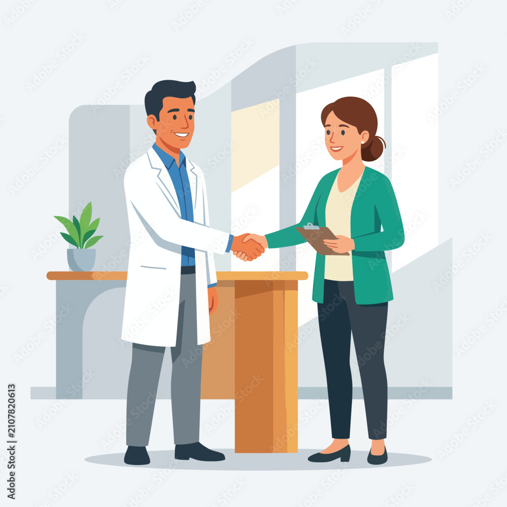 Fototapeta premium Doctor and Patient Handshake in Modern Clinic Office, Vector Illustration