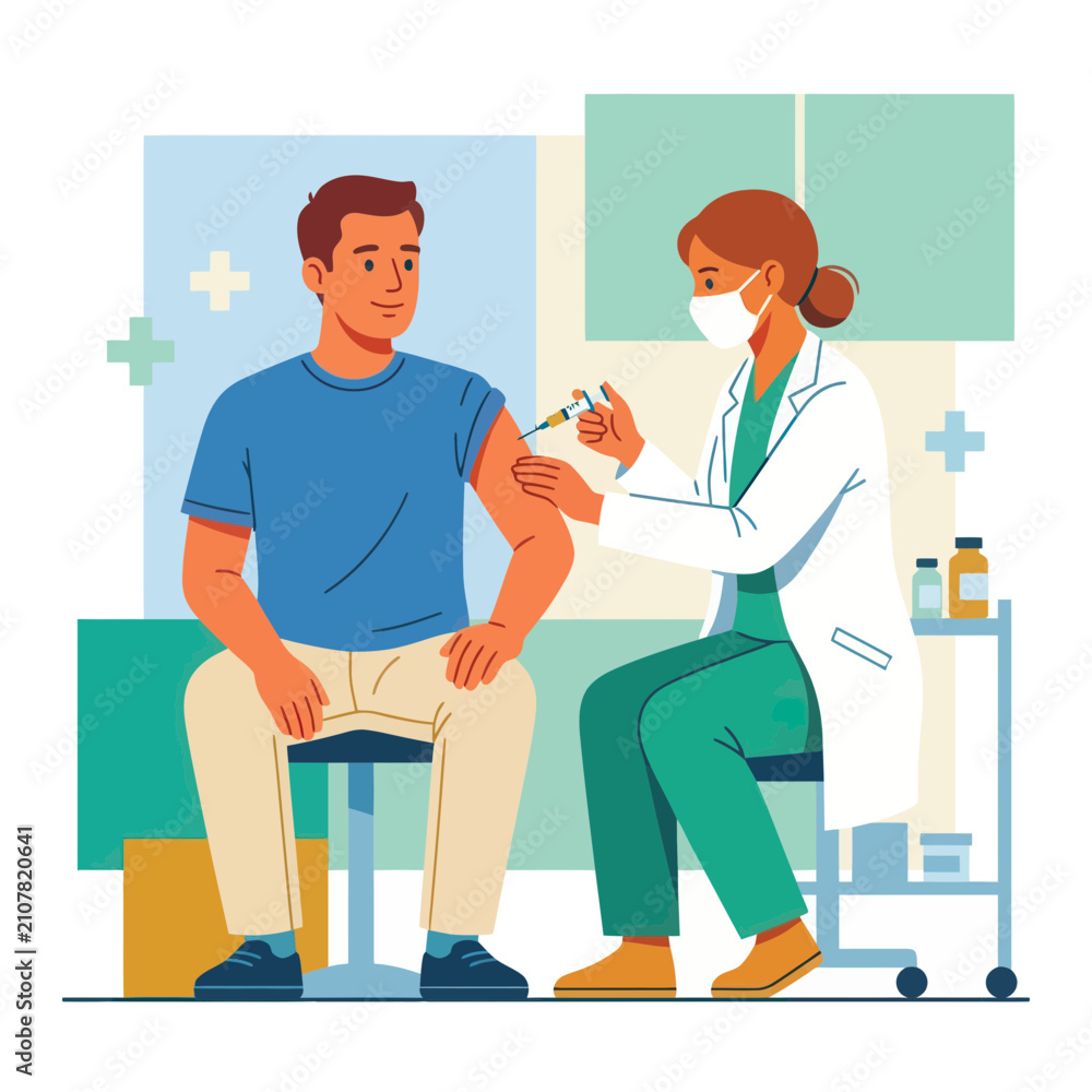 Fototapeta premium Doctor administering vaccine injection to a patient, healthcare, medical illustration, vaccination concept