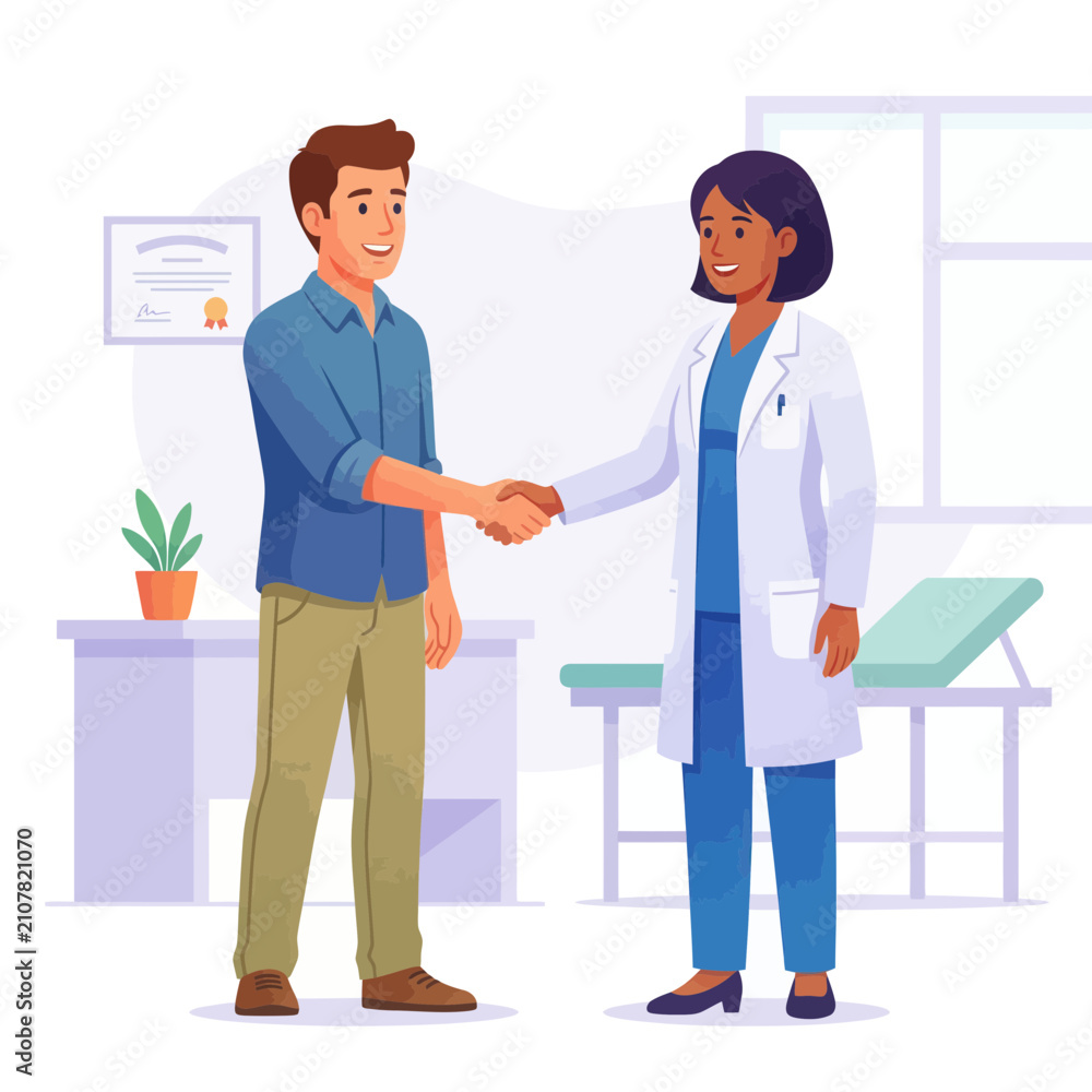 Fototapeta premium Doctor and Patient Shaking Hands in Medical Office, Healthcare Consultation and Trust