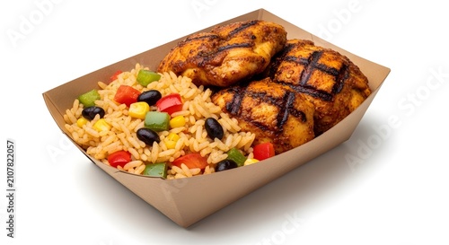 Grilled Chicken and Mexican Rice in Cardboard Takeout Tray