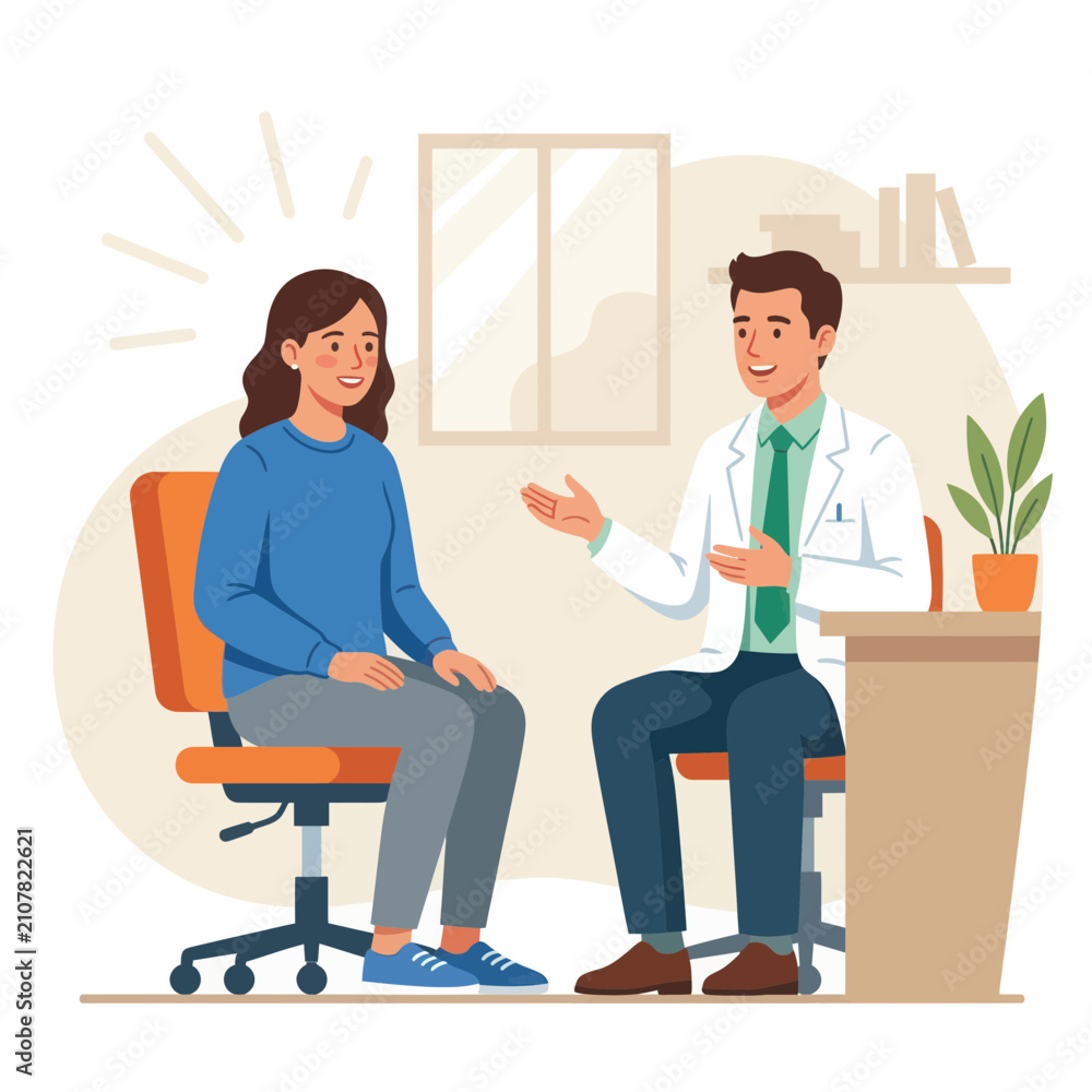Obraz premium Doctor consulting with a patient in a bright, modern clinic - vector illustration of healthcare and medical consultation.