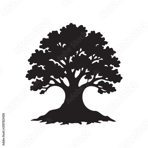 Detailed Oak Tree Silhouette with Realistic Bark and Spreading Roots