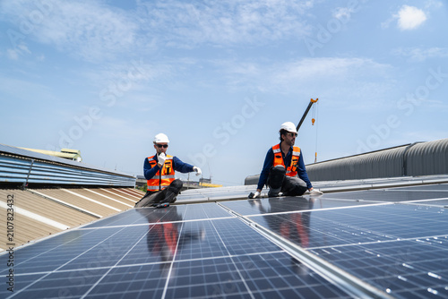 Fényképezés Team of professionals installing solar panels on a rooftop to promote renewable