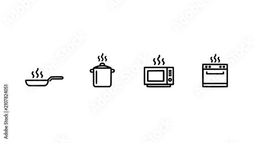 Appliance Icons Set Line-Drawn Kitchen Cooktop Pot Steamer Microwave Oven Illustration on White Background
