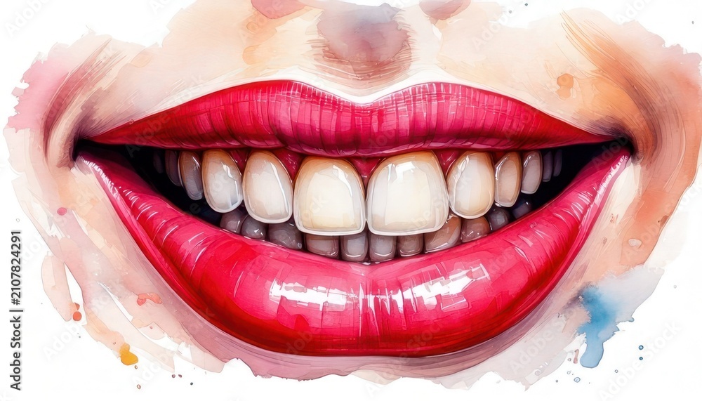 Obraz premium Smiling woman with red lips and teeth.
