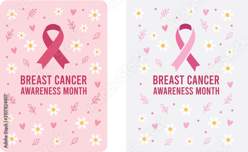 Breast Cancer Awareness Month Card Vector Templates Set With Daisy Flowers And Pink Ribbon
