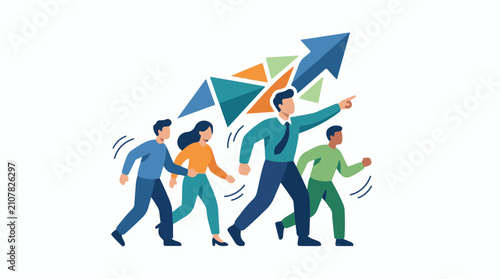Team moving forward with upward trend arrow and triangles