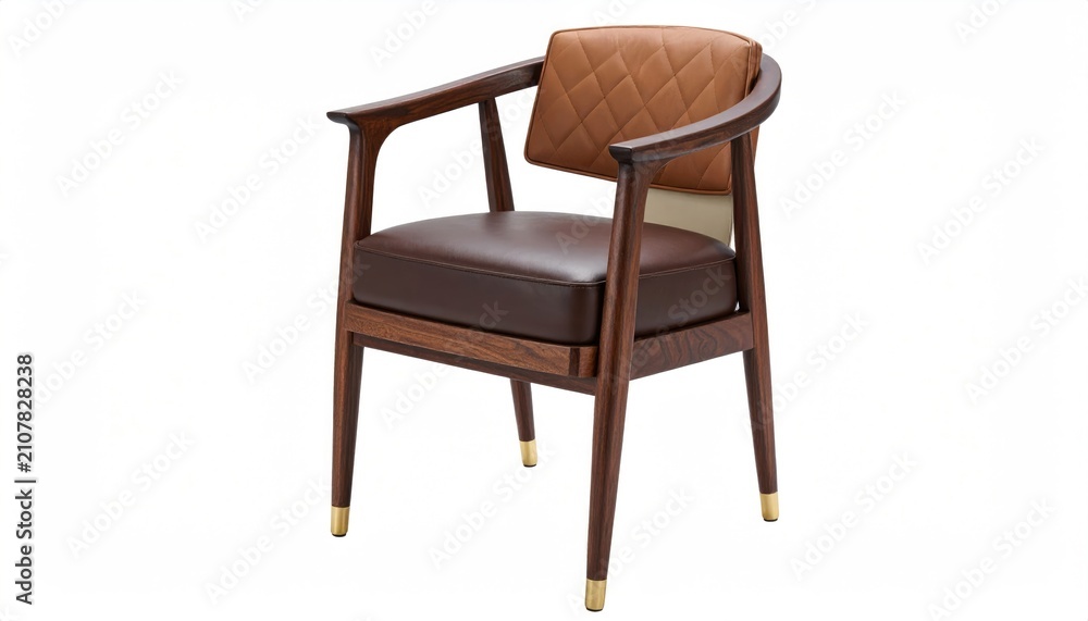 Obraz premium Elegant armchair with wood frame, diamond-stitched brown leather seat & back