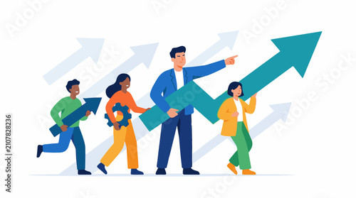 Team of diverse people carry upward arrow and gear towards progress