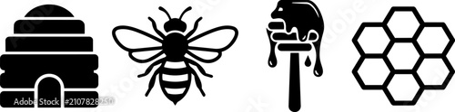 Honeybee and beekeeping silhouette icons featuring a beehive, honey bee, dipper with dripping and organic honeycomb cells