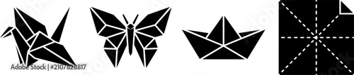 Origami figures and paper folding icons featuring a crane butterfly boat and sheet with dotted crease lines for crafting projects