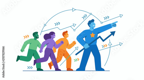 Team of people running forward guided by a leader pointing the way