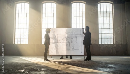 Two businessmen discussing large blueprint together.