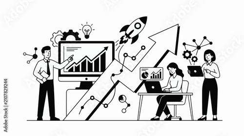 Team of professionals analyzing data and launching a project