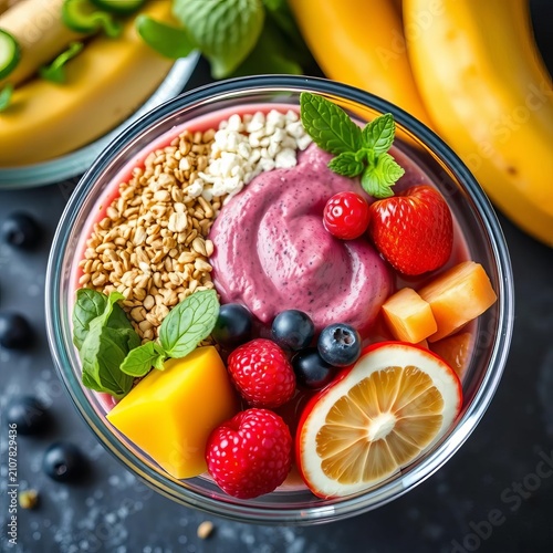 Glass bowls filled with nutritious smoothie ingredients, healthy drinks, fruit