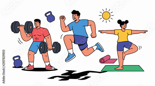 Three people doing different exercises in the sun