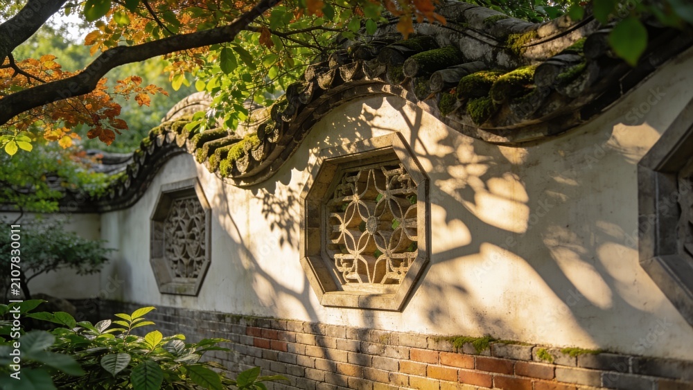 Obraz premium Peaceful Chinese garden scene featuring white plaster wall and elegant tree silhouettes.