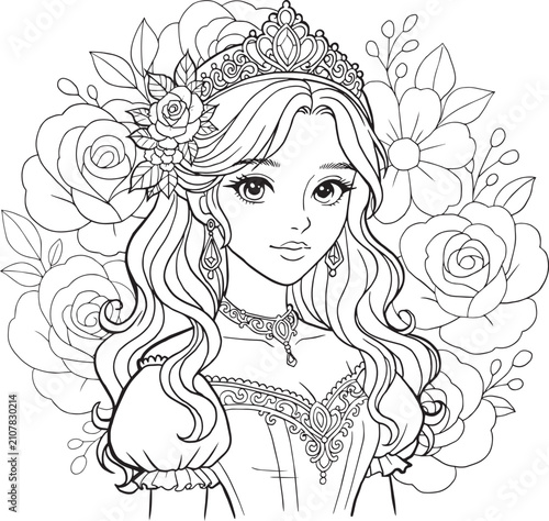 Cute Flower Crown Girl Coloring Page | Kawaii Floral Princess Line Art PNG