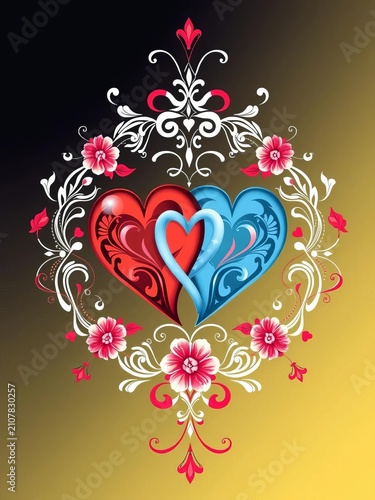 Intertwined heart symbols surrounded by floral patterns and delicate filigree, patterned, symbol