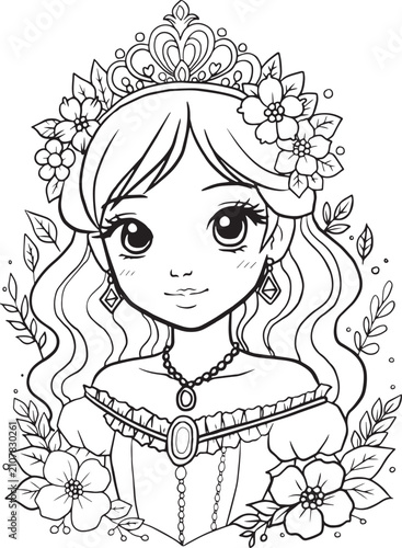 Cute Flower Crown Girl Coloring Page | Kawaii Floral Princess Line Art PNG