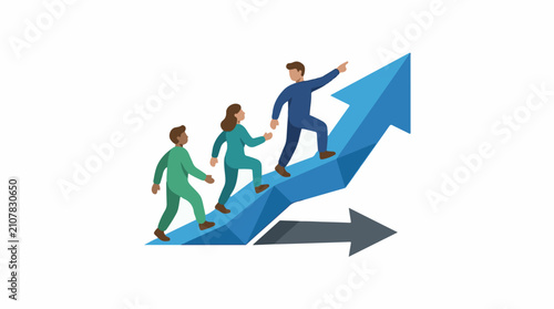 Three people climbing an upward trending arrow graph