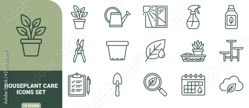 Fotografie Houseplant care icon set featuring gardening tools, potted plants, watering can,
