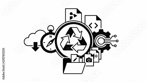 Technology concepts recycle cloud compass gear files code camera
