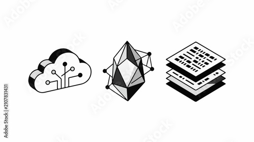 Three isometric digital icons cloud data structure and layered files