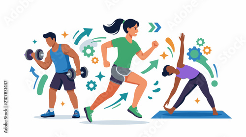 Three individuals engaging in fitness activities with abstract shapes and arrows