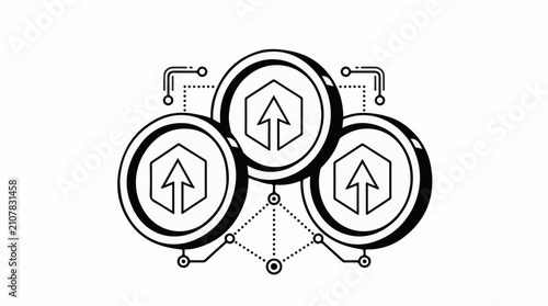 Three interconnected hexagonal icons with upward arrows on white