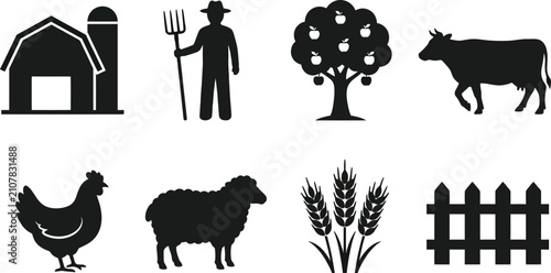 Set of black farm icons featuring a barn farmer tree cow chicken sheep wheat and fence for agricultural design and rural lifestyle themes in a simple vector graphic style